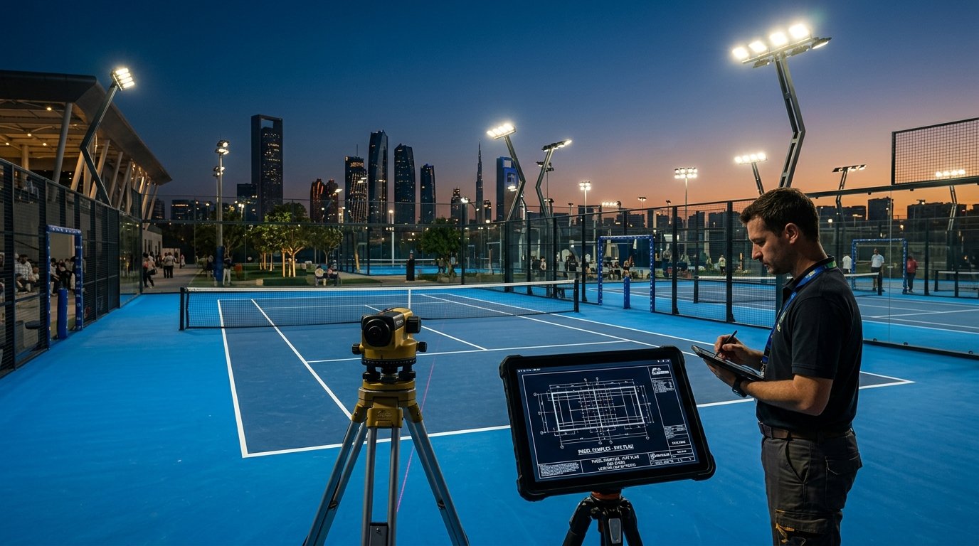 Anfield Senior Civil Engineer Conducting Laser Level Inspection on Abu Dhabi Padel Court